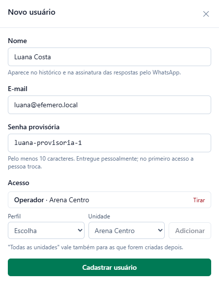 Painel Novo usuário com Nome Luana Costa, E-mail luana@efemero.local, Senha provisória luana-provisoria-1, o vínculo Operador na Arena Centro com o link Tirar, os seletores Perfil e Unidade, o botão Adicionar e o botão Cadastrar usuário.