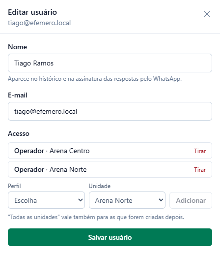 Painel Editar usuário do Tiago Ramos com os vínculos Operador na Arena Centro e Operador na Arena Norte, antes de Salvar usuário.