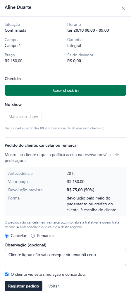 Painel da reserva de Aline Duarte, confirmada, ter 20/10 08:00, Campo 1, integral de 150 reais paga, com Fazer check-in, Marcar no-show desabilitado com o aviso Disponível a partir das 08:20 (tolerância de 20 min sem check-in) e a simulação do pedido: antecedência 20 h, valor pago R$ 150,00, devolução prevista R$ 75,00 (50%), forma devolução pelo meio do pagamento ou crédito do cliente, à escolha do cliente; Cancelar marcado, observação Cliente ligou: não vai conseguir vir amanhã cedo, a caixa O cliente viu esta simulação e concordou marcada e o botão Registrar pedido.