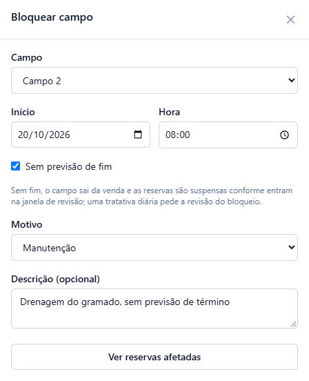Painel Bloquear campo: Campo 2, início 20/10/2026 às 08:00, Sem previsão de fim marcado com a explicação da janela de revisão, motivo Manutenção, descrição Drenagem do gramado, sem previsão de término e o botão Ver reservas afetadas.