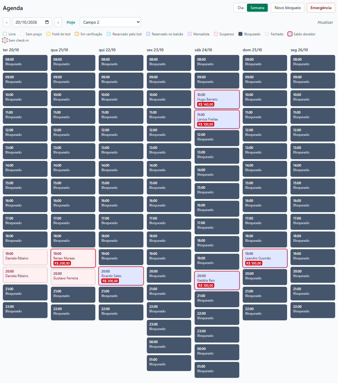 Agenda na visão Semana do Campo 2, de ter 20/10 a seg 26/10, com quase todos os blocos Bloqueado em cinza escuro, as reservas das duas primeiras noites em Suspenso (Daniela Ribeiro na terça às 19:00 e 20:00, Renan Moraes e Gustavo Ferreira na quarta) e reservas mais adiante ainda valendo (Ricardo Sales na quinta, Hugo Barreto, Larissa Freitas e Natália Reis no sábado, Leandro Gusmão no domingo).