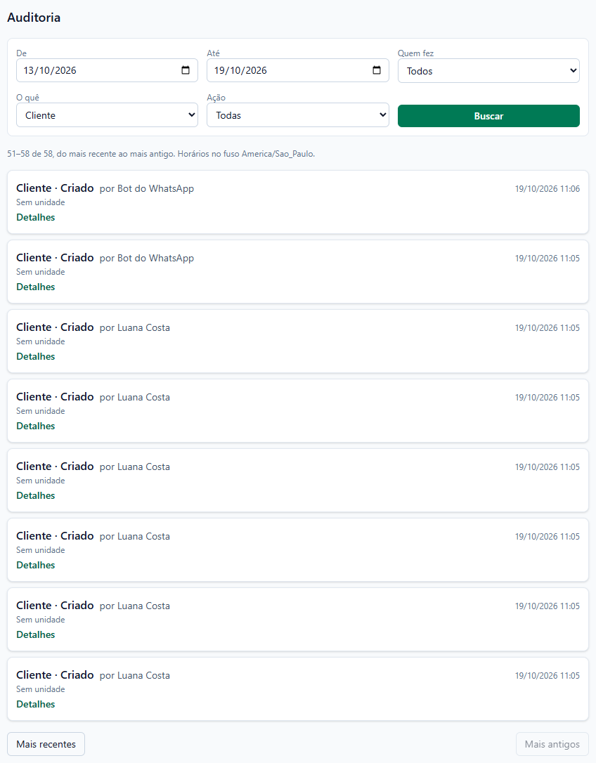Auditoria filtrada por O quê Cliente, com o texto 51–58 de 58, do mais recente ao mais antigo, horários no fuso America/Sao_Paulo; registros Cliente · Criado por Bot do WhatsApp e por Luana Costa, Sem unidade, todos em 19/10/2026, e o link Detalhes; no fim, o botão Mais recentes e o Mais antigos desabilitado.