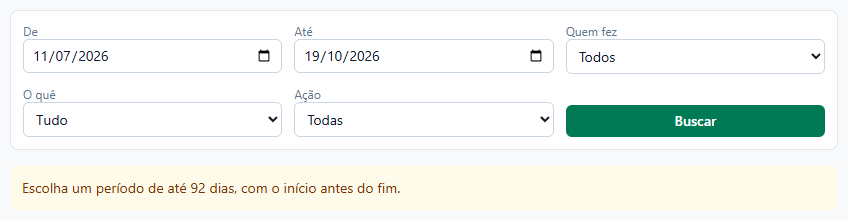 Filtros com De 11/07/2026 e Até 19/10/2026 e o aviso amarelo: Escolha um período de até 92 dias, com o início antes do fim.