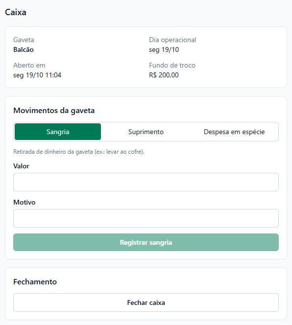 Caixa aberto da gaveta Balcão no dia operacional seg 19/10, aberto às 11:04 com fundo de troco de R$ 200,00; abaixo, o bloco Movimentos da gaveta com Sangria, Suprimento e Despesa em espécie e o bloco Fechamento com o botão Fechar caixa. Sem as abas de gestão.
