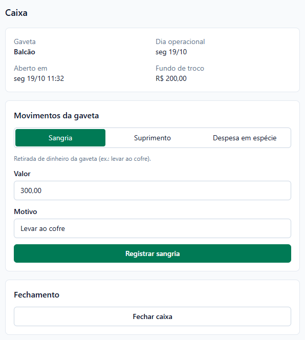 Caixa aberto com o bloco Movimentos da gaveta: Sangria marcada, a ajuda Retirada de dinheiro da gaveta, valor 300,00, motivo Levar ao cofre e o botão Registrar sangria.