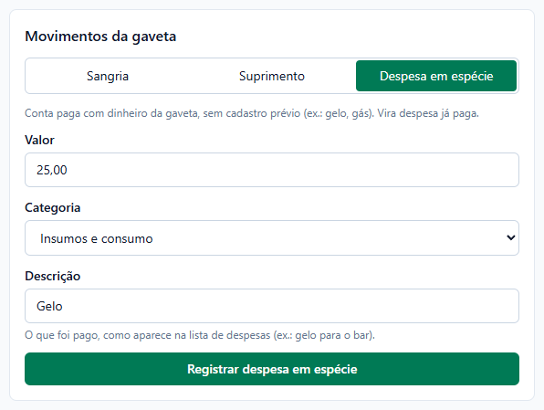 Bloco Movimentos da gaveta com Despesa em espécie marcada: valor 25,00, categoria Insumos e consumo, descrição Gelo e o botão Registrar despesa em espécie.