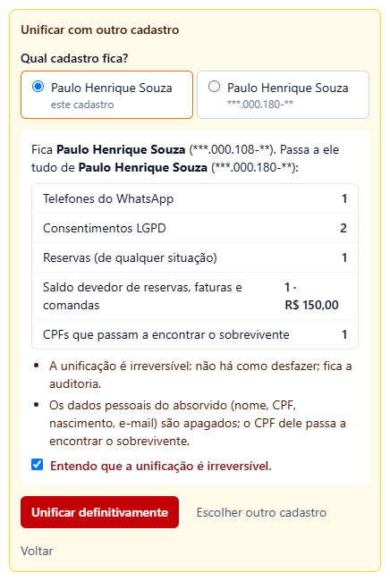 A mesma prévia com a caixa Entendo que a unificação é irreversível marcada e o botão vermelho Unificar definitivamente habilitado.