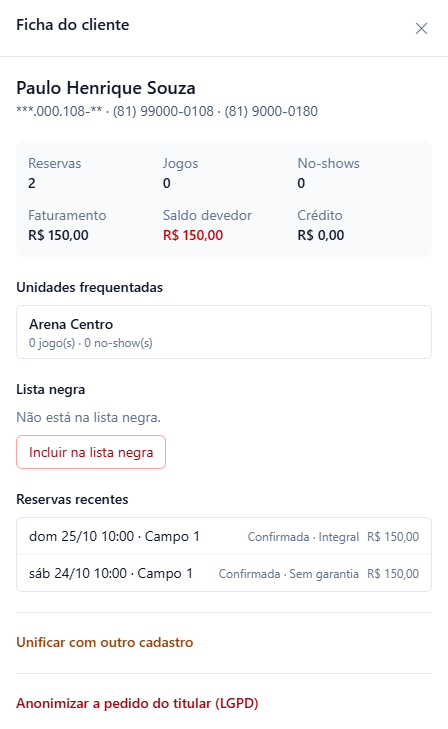 Ficha de Paulo Henrique Souza depois da unificação, com os telefones (81) 99000-0108 e (81) 9000-0180, Reservas 2, Faturamento R$ 150,00, Saldo devedor R$ 150,00 e as duas reservas, uma Integral e uma Sem garantia.