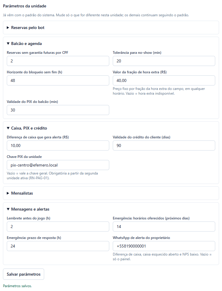 Parâmetros da unidade com os grupos Balcão e agenda (fração de hora extra 40,00), Caixa, PIX e crédito (diferença de caixa 10,00, crédito 90 dias, chave PIX pix-centro@efemero.local) e Mensagens e alertas (WhatsApp de alerta +558190000001) abertos, o botão Salvar parâmetros e a mensagem Parâmetros salvos.