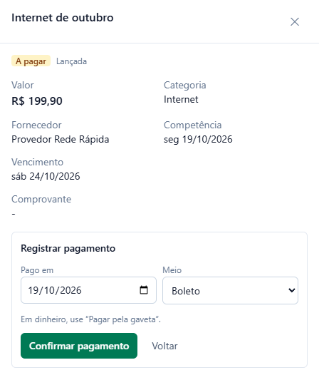 Detalhe da despesa Internet de outubro, R$ 199,90, a pagar, com o bloco Registrar pagamento: Pago em 19/10/2026, Meio Boleto, a nota Em dinheiro, use Pagar pela gaveta e os botões Confirmar pagamento e Voltar.