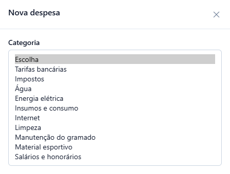 Painel Nova despesa com a lista de categorias aberta: Escolha, Tarifas bancárias, Impostos, Água, Energia elétrica, Insumos e consumo, Internet, Limpeza, Manutenção do gramado, Material esportivo e Salários e honorários.