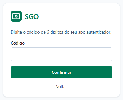 Tela do código do 2FA com o texto Digite o código de 6 dígitos do seu app autenticador, o campo Código e o botão Confirmar.