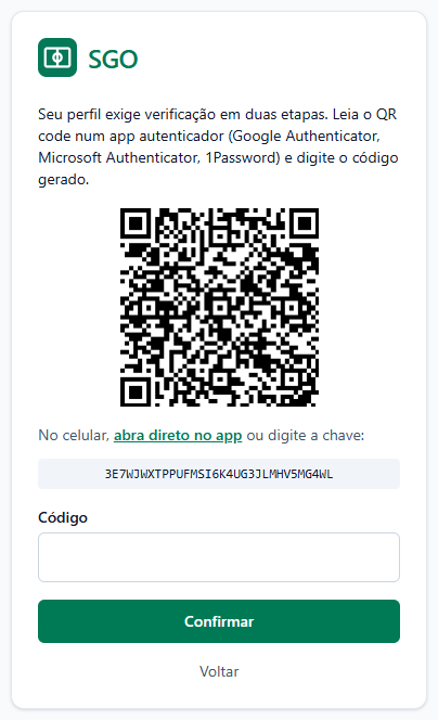 Tela de cadastro do 2FA com um QR code e uma chave novos, no login da Luana depois da redefinição do 2FA.
