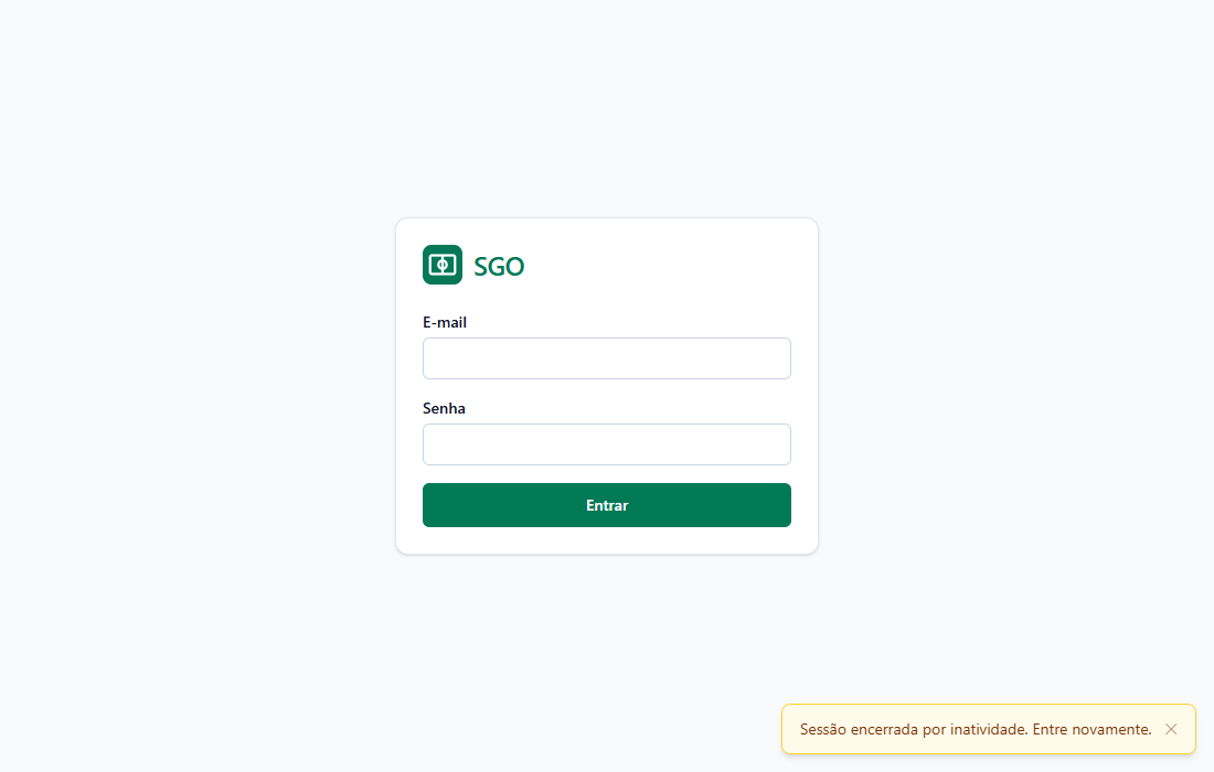 Tela de login vazia com o aviso no canto inferior direito: Sessão encerrada por inatividade. Entre novamente.