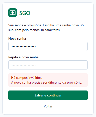 Tela de troca de senha com o erro Há campos inválidos. A nova senha precisa ser diferente da provisória.