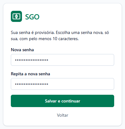 Tela Sua senha é provisória com os dois campos preenchidos, no login do Marcos depois de a senha ser redefinida.