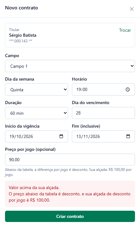 Novo contrato de Sérgio Batista no Campo 1, quinta 19:00, com Preço por jogo 90,00 e o erro Valor acima da sua alçada. O preço abaixo da tabela é desconto, e sua alçada de desconto por jogo é R$ 100,00.
