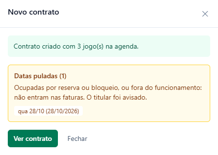 Resultado Contrato criado com 3 jogo(s) na agenda e o quadro Datas puladas (1) com a quarta 28/10/2026, e os botões Ver contrato e Fechar.