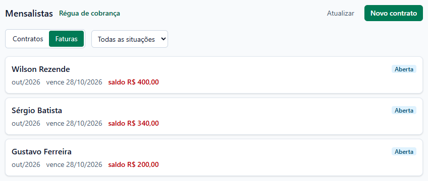 Aba Faturas em Todas as situações com três faturas out/2026 que vencem em 28/10/2026, todas Aberta: Wilson Rezende saldo R$ 400,00, Sérgio Batista R$ 340,00 e Gustavo Ferreira R$ 200,00.