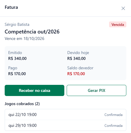 Fatura de Sérgio Batista, competência out/2026, Vencida, vence em 18/10/2026: Emitido R$ 340,00, Devido hoje R$ 340,00, Pago R$ 170,00, Saldo devedor R$ 170,00 e Jogos cobrados (2), quintas 22/10 e 29/10 às 19:00.