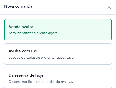 Painel Nova comanda com três opções: Venda avulsa, sem identificar o cliente agora; Avulsa com CPF, busque ou cadastre o cliente responsável; Da reserva de hoje, o consumo fica com o titular da reserva.