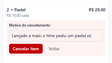 Item 2 × Pastel de 20 reais com o campo Motivo do cancelamento preenchido com Lançado a mais: o time pediu um pastel só e os botões Cancelar item e Voltar.