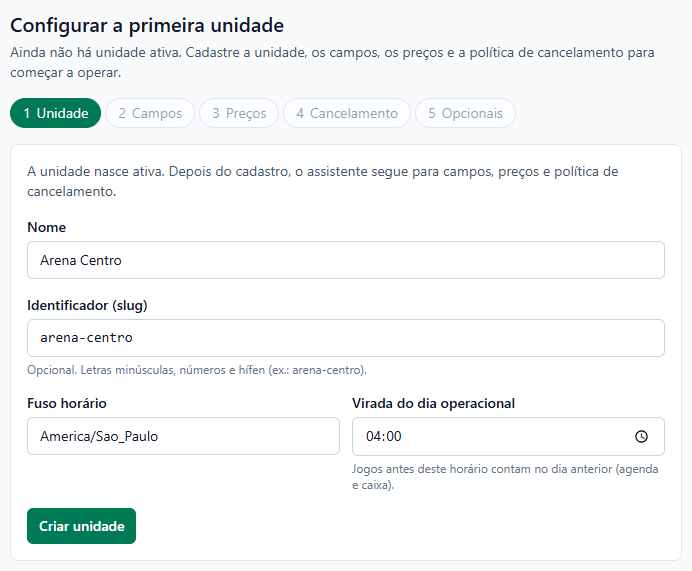 Etapa Unidade com os campos Nome, Identificador, Fuso horário e Virada do dia operacional.