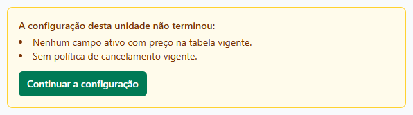 Tela inicial com o quadro A configuração desta unidade não terminou, listando o que falta e o botão Continuar a configuração.