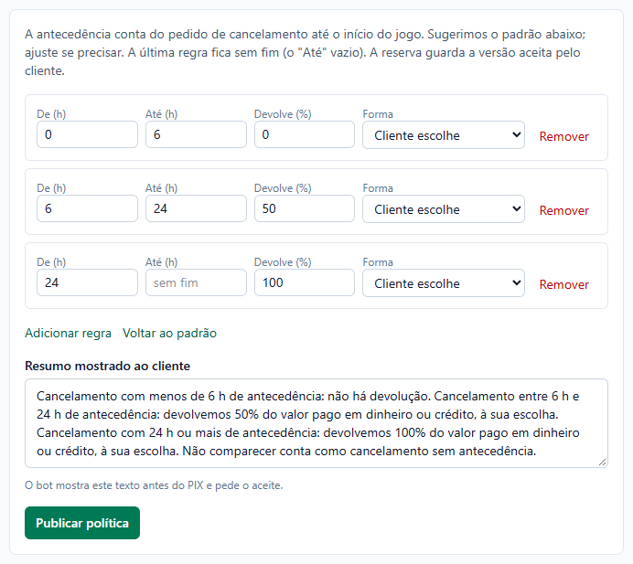 Etapa de cancelamento com três regras (0 a 6 horas 0 por cento, 6 a 24 horas 50 por cento, 24 horas ou mais 100 por cento) e o resumo mostrado ao cliente.