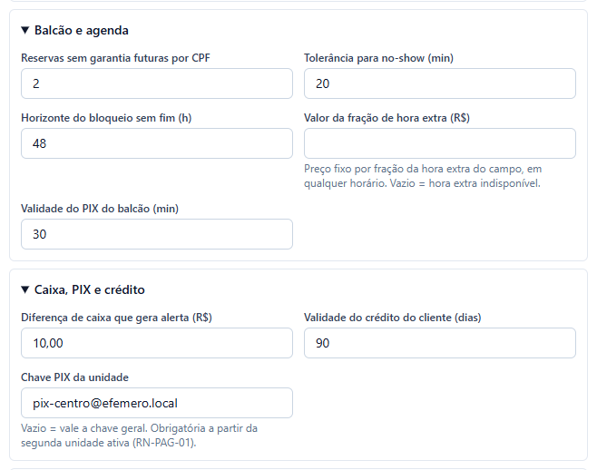 Grupos Balcão e agenda, com o Valor da fração de hora extra vazio, e Caixa, PIX e crédito, com a Chave PIX da unidade preenchida.