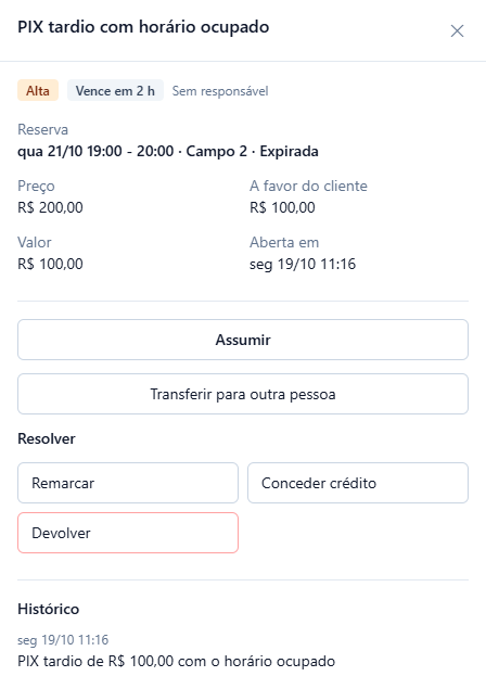 Pedido PIX tardio com horário ocupado: Alta, Vence em 2 h; reserva qua 21/10 19:00 a 20:00 no Campo 2, Expirada, preço R$ 200,00, a favor do cliente R$ 100,00, valor R$ 100,00; ações Remarcar, Conceder crédito e Devolver.