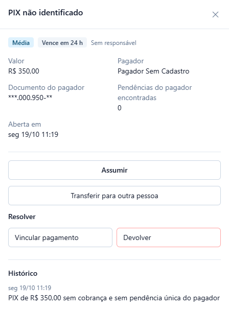Pedido PIX não identificado: Média, Vence em 24 h; valor R$ 350,00, pagador Pagador Sem Cadastro, documento ***.000.950-**, nenhuma pendência do pagador; ações Vincular pagamento e Devolver; histórico PIX de R$ 350,00 sem cobrança e sem pendência única do pagador.