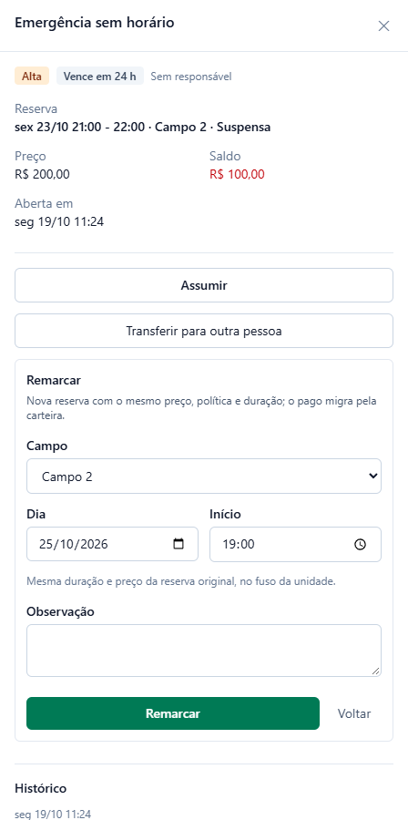 Pedido Emergência sem horário da reserva sex 23/10 21:00 a 22:00 no Campo 2, Suspensa, preço R$ 200,00, saldo R$ 100,00, com o quadro Remarcar: Campo 2, Dia 25/10/2026, Início 19:00 e os botões Remarcar e Voltar.