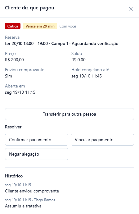 Detalhe do pedido Cliente diz que pagou da Camila depois de assumir: Com você no topo, sem o botão Assumir, e no histórico Tiago Ramos, Assumiu a tratativa.