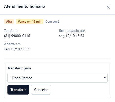Detalhe do Atendimento humano com o quadro Transferir para, Tiago Ramos escolhido, e os botões Transferir e Cancelar.