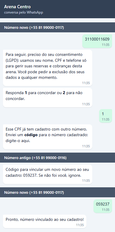 Três trechos: no número novo, (81) 99000-0117, o CPF e o consentimento, e o bot diz Esse CPF já tem cadastro com outro número. Enviei um código para o número cadastrado: digite-o aqui. No número antigo, (81) 99000-0116, chega Código para vincular um novo número ao seu cadastro: 059237. Se não foi você, ignore. De volta ao número novo, o cliente digita o código e recebe Pronto, número vinculado ao seu cadastro!