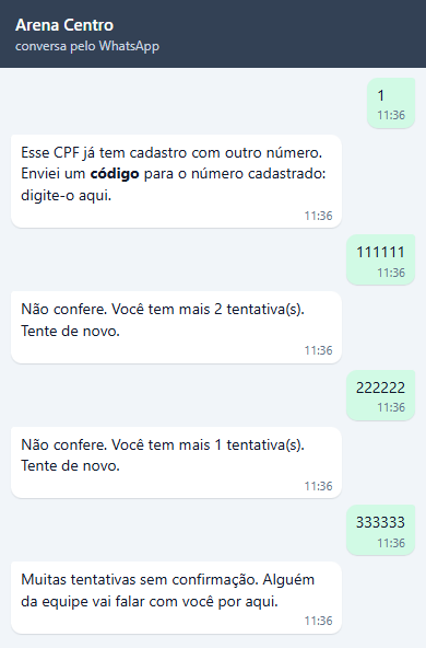 Conversa de Igor: três códigos errados com as respostas Não confere. Você tem mais 2 tentativa(s). Tente de novo., depois mais 1 tentativa, e por fim Muitas tentativas sem confirmação. Alguém da equipe vai falar com você por aqui.