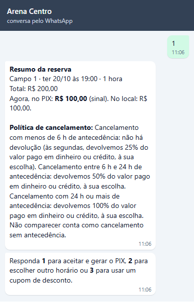 Resumo da reserva: Campo 1, ter 20/10 às 19:00, 1 hora, Total R$ 200,00, Agora, no PIX: R$ 100,00 (sinal). No local: R$ 100,00. Abaixo, a política de cancelamento por antecedência e o pedido Responda 1 para aceitar e gerar o PIX, 2 para escolher outro horário ou 3 para usar um cupom de desconto.