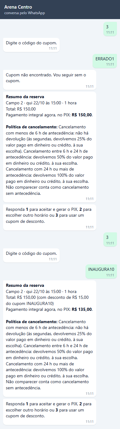 Conversa de Juliana: 3, Digite o código do cupom., ERRADO1, Cupom não encontrado. Vou seguir sem o cupom., resumo de R$ 150,00 integral; de novo 3 e INAUGURA10, e o resumo com Total: R$ 150,00 (com desconto de R$ 15,00 do cupom INAUGURA10) e Pagamento integral agora, no PIX: R$ 135,00.