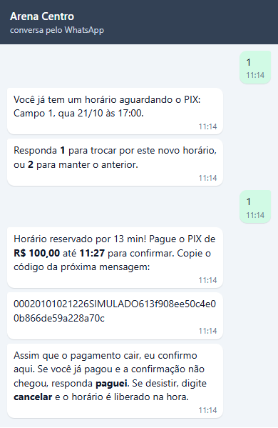 Conversa de Wesley: Você já tem um horário aguardando o PIX: Campo 1, qua 21/10 às 17:00. Responda 1 para trocar por este novo horário, ou 2 para manter o anterior. Ele responde 1 e recebe Horário reservado por 13 min! com o PIX de R$ 100,00 até 11:27, o código PIX copia e cola em mensagem própria e a instrução do paguei e do cancelar.