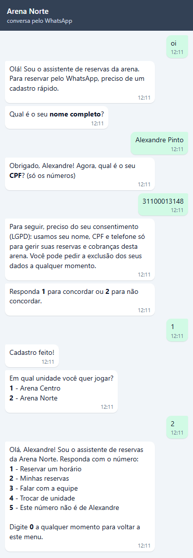 Conversa de Alexandre: cadastro completo, Cadastro feito!, a pergunta Em qual unidade você quer jogar? com 1 Arena Centro e 2 Arena Norte, a resposta 2 e o menu da Arena Norte com 1 Reservar um horário, 2 Minhas reservas, 3 Falar com a equipe, 4 Trocar de unidade e 5 Este número não é de Alexandre.