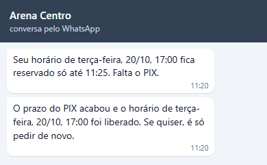 Seu horário de terça-feira, 20/10, 17:00 fica reservado só até 11:25. Falta o PIX. e depois O prazo do PIX acabou e o horário de terça-feira, 20/10, 17:00 foi liberado. Se quiser, é só pedir de novo.