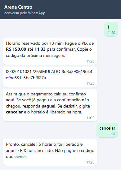 Conversa de Diego: PIX de R$ 150,00 gerado até 11:33, ele escreve cancelar e recebe Pronto, cancelei: o horário foi liberado e aquele PIX foi cancelado. Não pague o código que enviei.