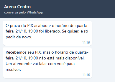 Conversa de Larissa: O prazo do PIX acabou e o horário de quarta-feira, 21/10, 19:00 foi liberado. Se quiser, é só pedir de novo. e, em seguida, Recebemos seu PIX, mas o horário de quarta-feira, 21/10, 19:00 não está mais disponível. Um atendente vai falar com você para resolver.