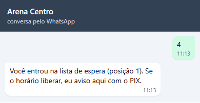 Conversa de Rafael: 4 e a resposta Você entrou na lista de espera (posição 1). Se o horário liberar, eu aviso aqui com o PIX.
