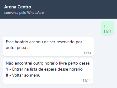 Conversa de Vitor: Esse horário acabou de ser reservado por outra pessoa. e Não encontrei outro horário livre perto desse. com 1 Entrar na lista de espera desse horário e 0 Voltar ao menu.