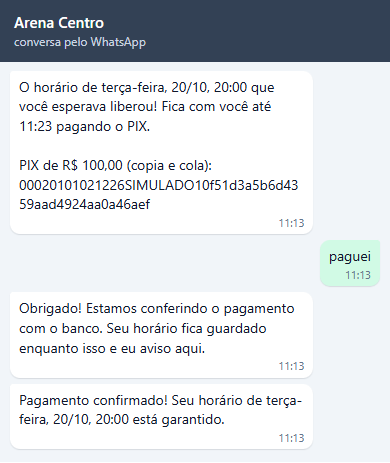 O horário de terça-feira, 20/10, 20:00 que você esperava liberou! Fica com você até 11:23 pagando o PIX. com o PIX de R$ 100,00 e o código PIX copia e cola; Rafael responde paguei, recebe Obrigado! Estamos conferindo o pagamento com o banco. Seu horário fica guardado enquanto isso e eu aviso aqui. e em seguida Pagamento confirmado! Seu horário de terça-feira, 20/10, 20:00 está garantido.