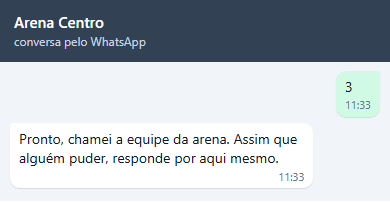 Conversa de Gabriel: 3 e a resposta Pronto, chamei a equipe da arena. Assim que alguém puder, responde por aqui mesmo.
