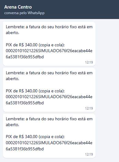 Três mensagens iguais: Lembrete: a fatura do seu horário fixo está em aberto. com o PIX de R$ 340,00 e o código PIX copia e cola.