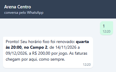 Gustavo responde 1 e recebe Pronto! Seu horário fixo foi renovado: quarta às 20:00, no Campo 2, de 14/11/2026 a 09/12/2026, a R$ 200,00 por jogo. As faturas chegam por aqui, como sempre.